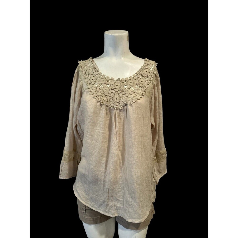 STUDIO JPR Soft Gauzy crochet trim blouse boho cottagecre style airy neutral